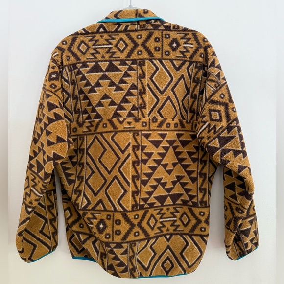 Patagonia Brown Tan Fleece Jacket Blue Trim Aztec Men’s Size S Women’s Medium - Picture 7 of 8